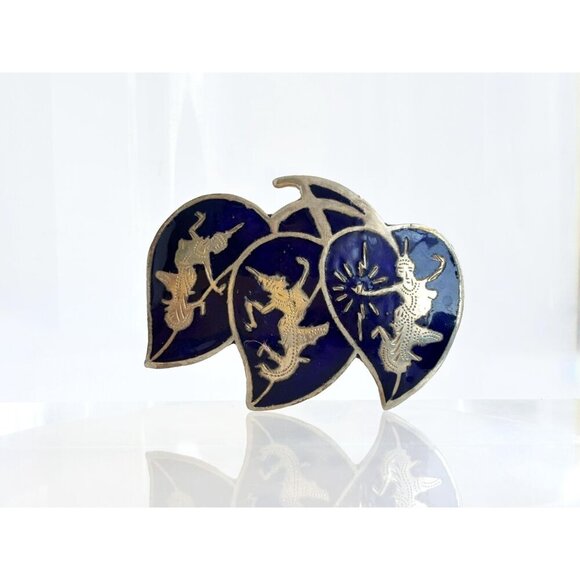 Blue Enamel Triple Leaf Ramasoon & Mekkala Siam Sterling Silver Vintage Brooch - Picture 4 of 10